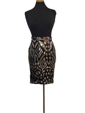 Cefian Sheer Sequins Black Gold Party Zip Midi Skirt